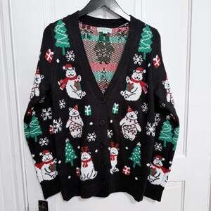 Holiday Hype Women's Ugly Christmas Sweater Cardigan Black Polar Bear Size M